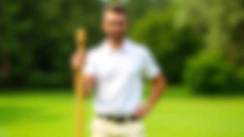 لاعب كروكيه يرتدي قميص بولو أبيض يقف على ملعب أخضر ممسكاً بمضرب الكروكيه